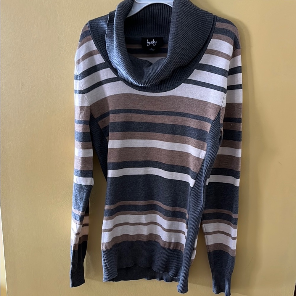 By & By Striped Cowl Neck Sweater - Gray and Brown